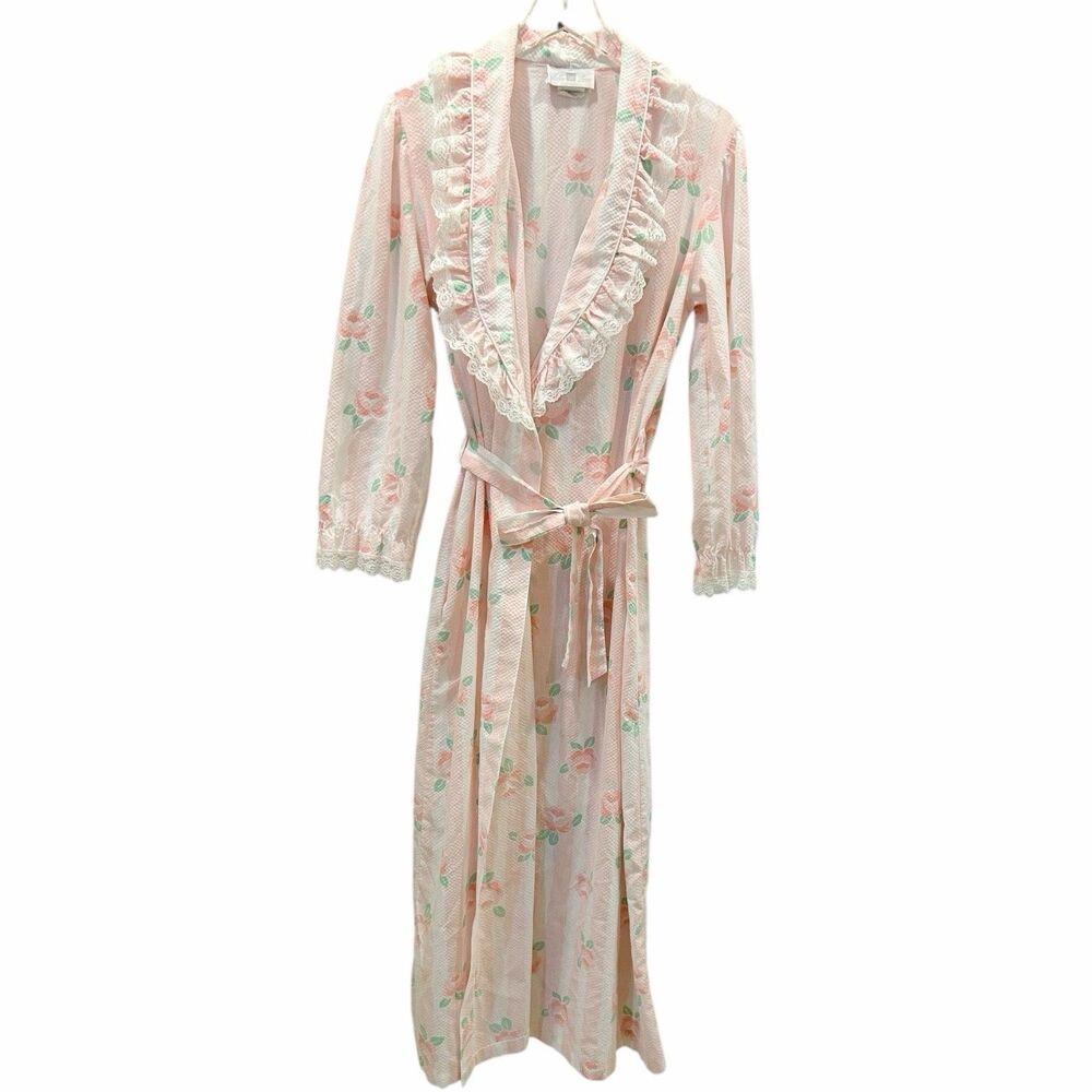 Ashley Ames VTG Waffle Belted Floral Striped Light Robe Lace Trim Pink Sz L